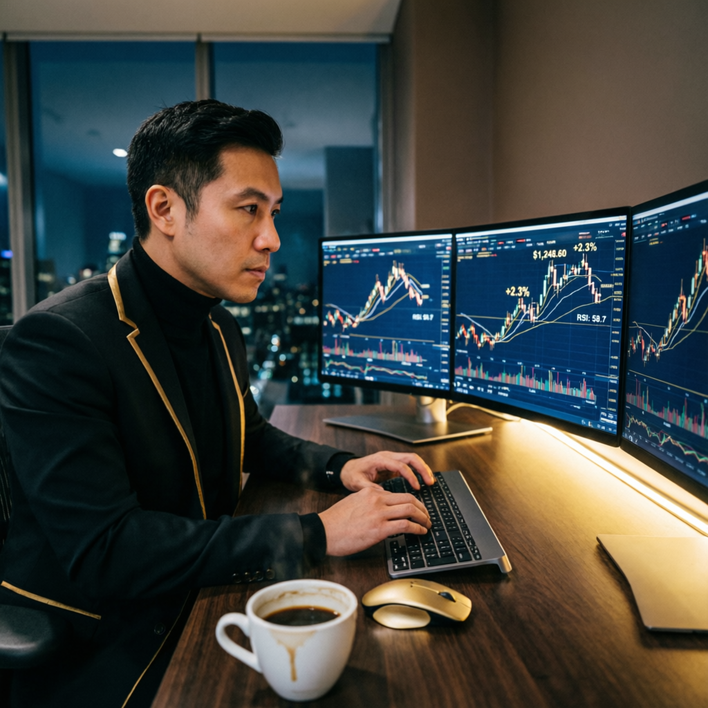 Professional trader analyzing multiple monitors with futures trading charts at Topstep