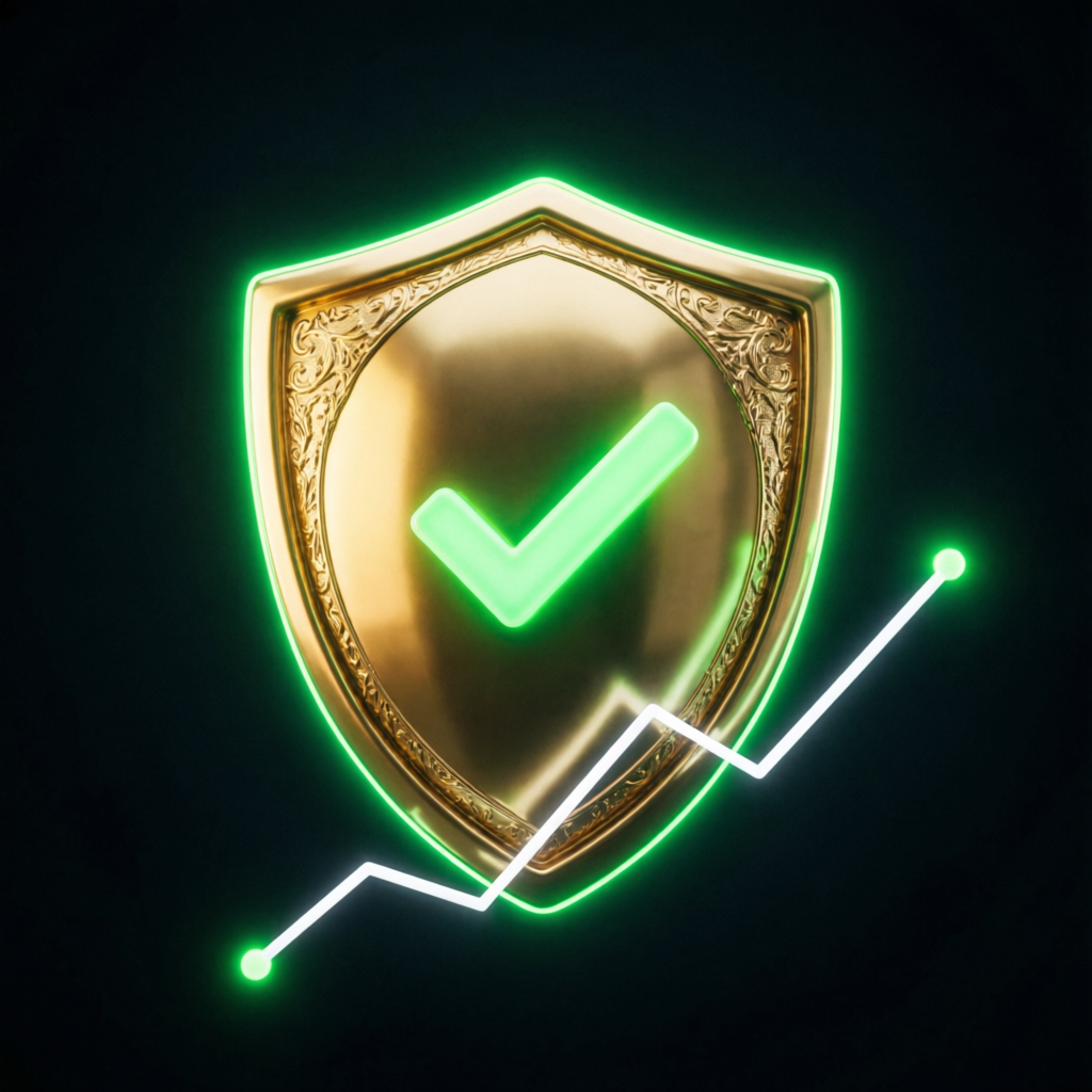 Golden shield with checkmark representing trust and security in prop firm services