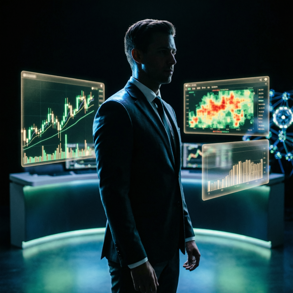 Professional forex trader with holographic trading charts