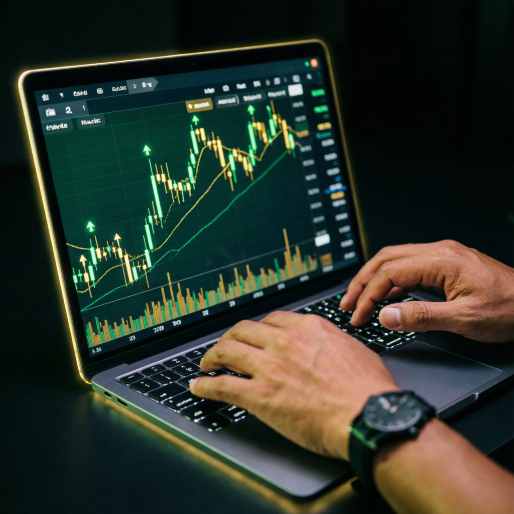 Trader hands typing on laptop showing futures trading charts for Topstep combine