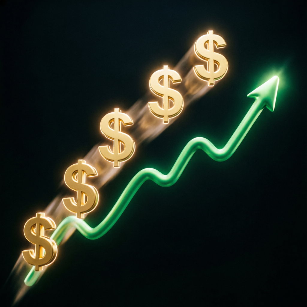 Payout success visualization with golden dollar signs and rising chart representing Topstep profits