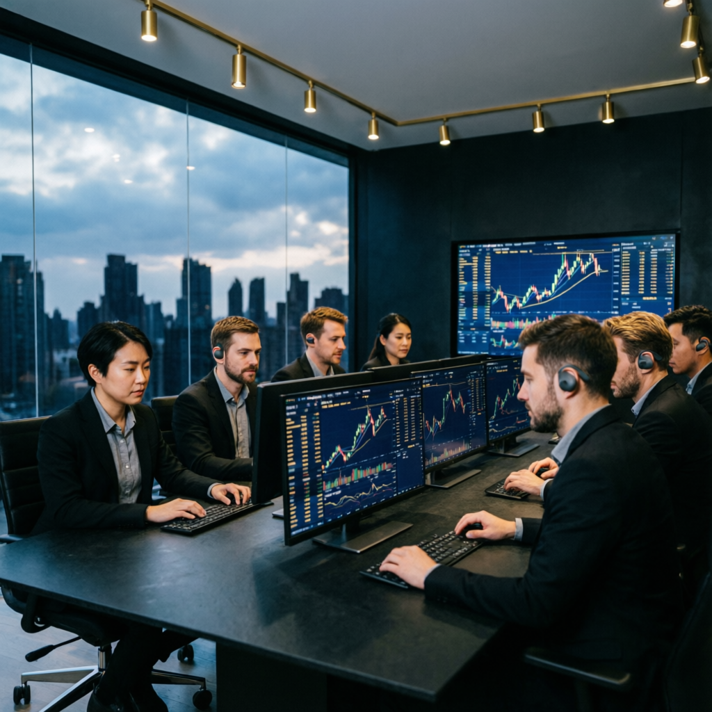 Professional trading team collaborating in modern office representing Pass My Prop Firms expertise