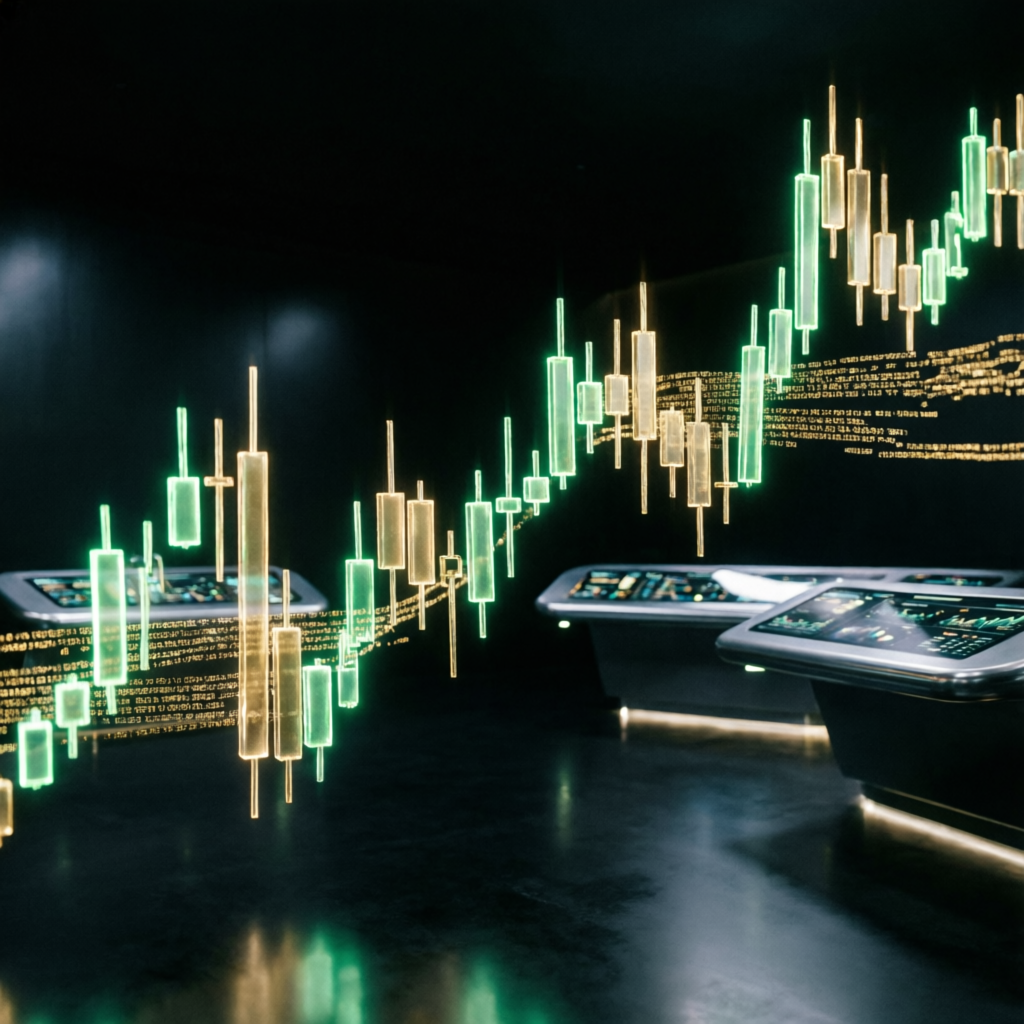 Futuristic trading floor with holographic candlestick charts representing Topstep trading environment