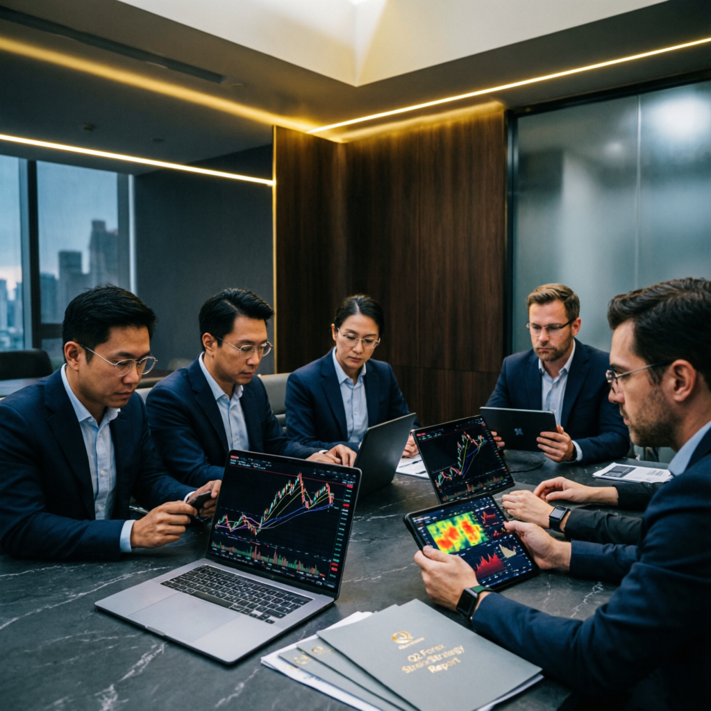Professional team of financial analysts reviewing forex trading charts - PFM Capitals trading team
