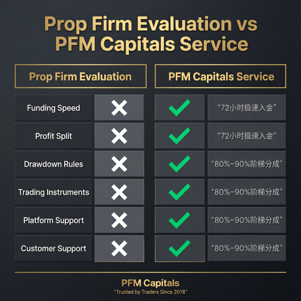 Comparison table showing Prop Firm Evaluation vs PFM Capitals Service with checkmarks