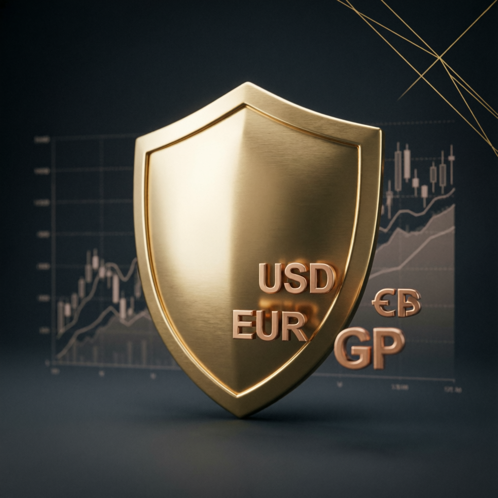 Gold shield protecting forex trading capital with USD, EUR, GBP currency symbols and charts in background - risk management