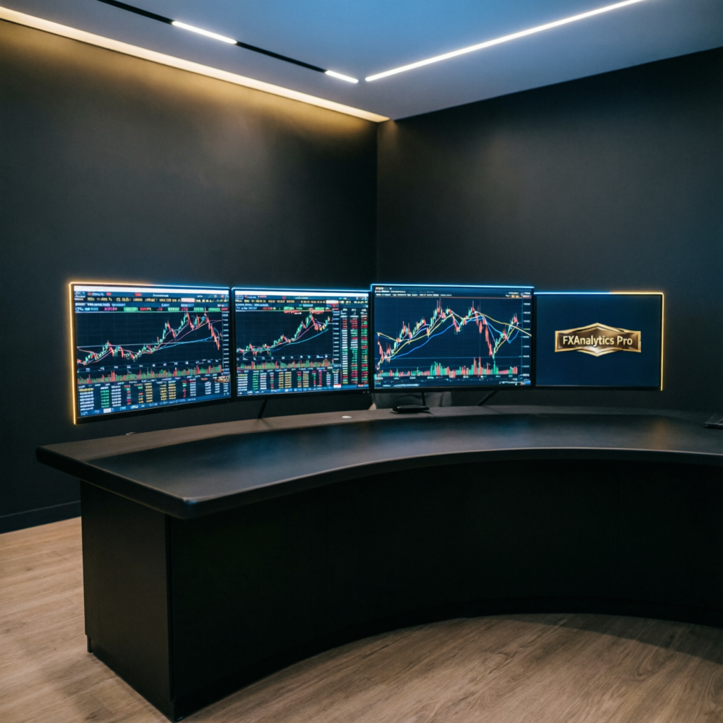 Professional trading desk with multiple monitors showing forex charts - PFM Capitals