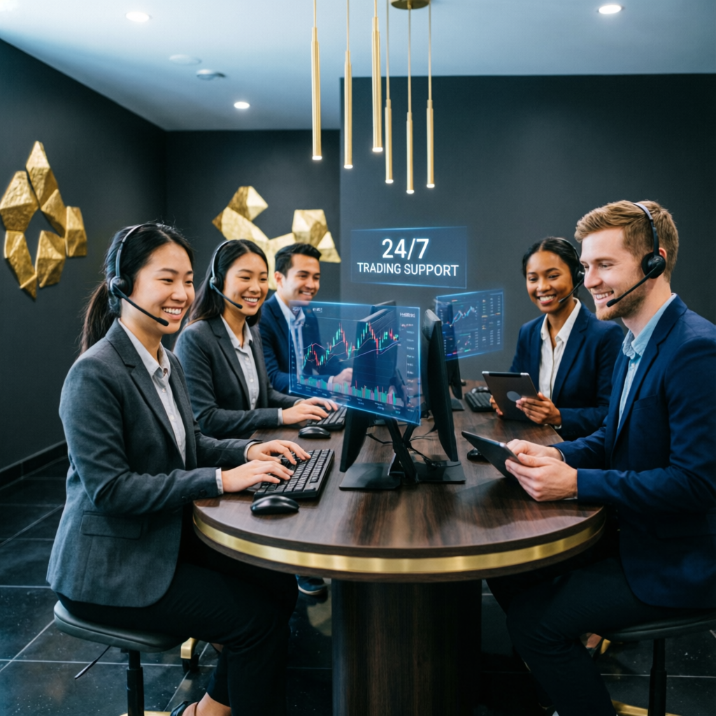 24/7 trading support team with headsets in modern office - PFM Capitals customer support