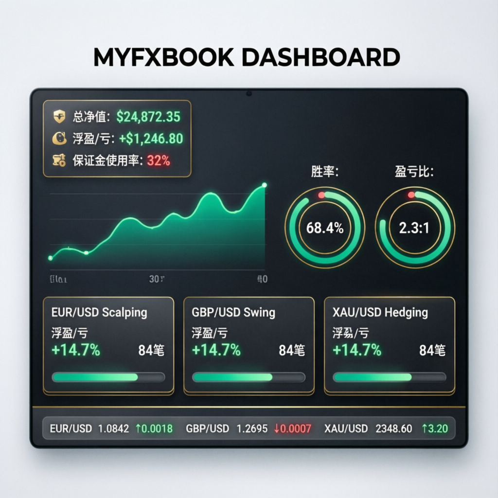 Myfxbook dashboard showing trading analytics, profit graphs and performance metrics