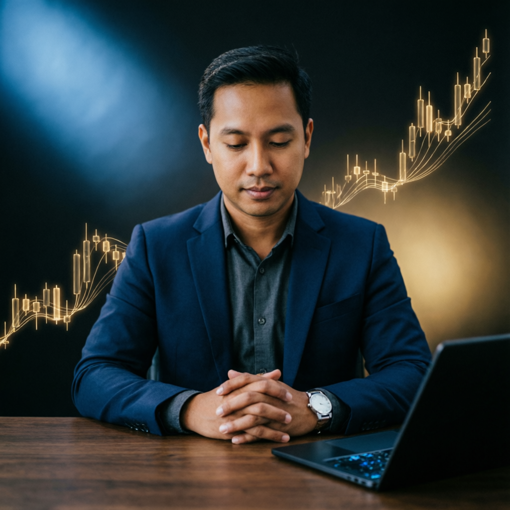 Calm trader with floating candlestick charts representing trading psychology and discipline