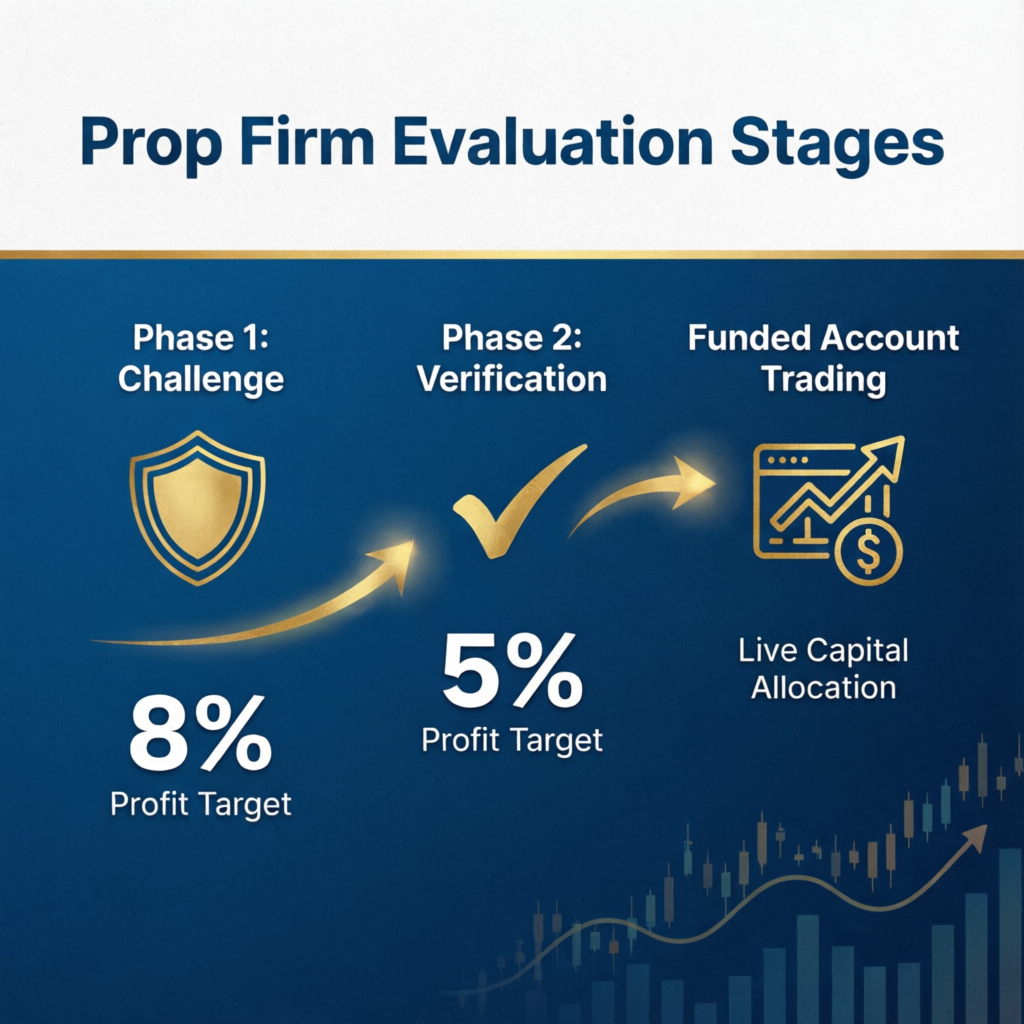 Prop Firm Evaluation Stages infographic showing Phase 1 Challenge 8% target, Phase 2 Verification 5% target, and Funded Account Trading
