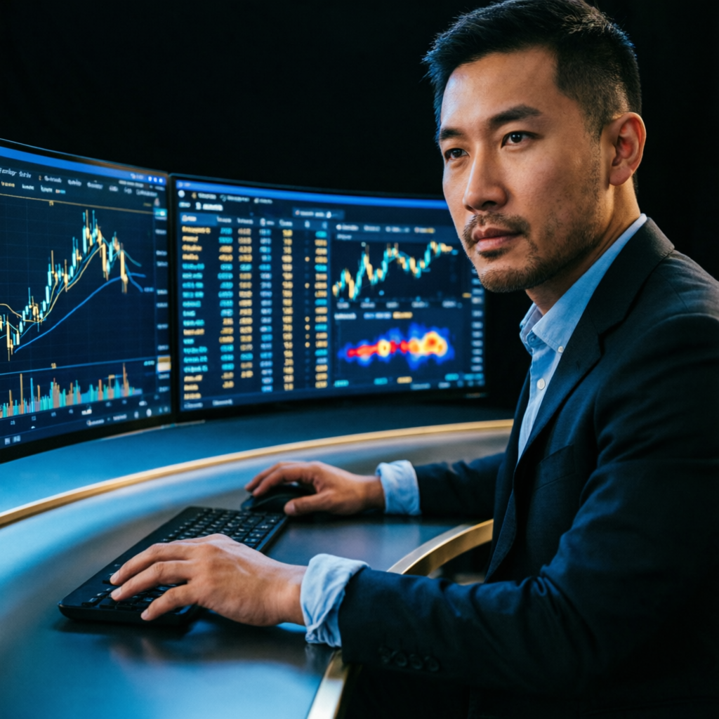 Professional forex trader at multi-monitor trading desk