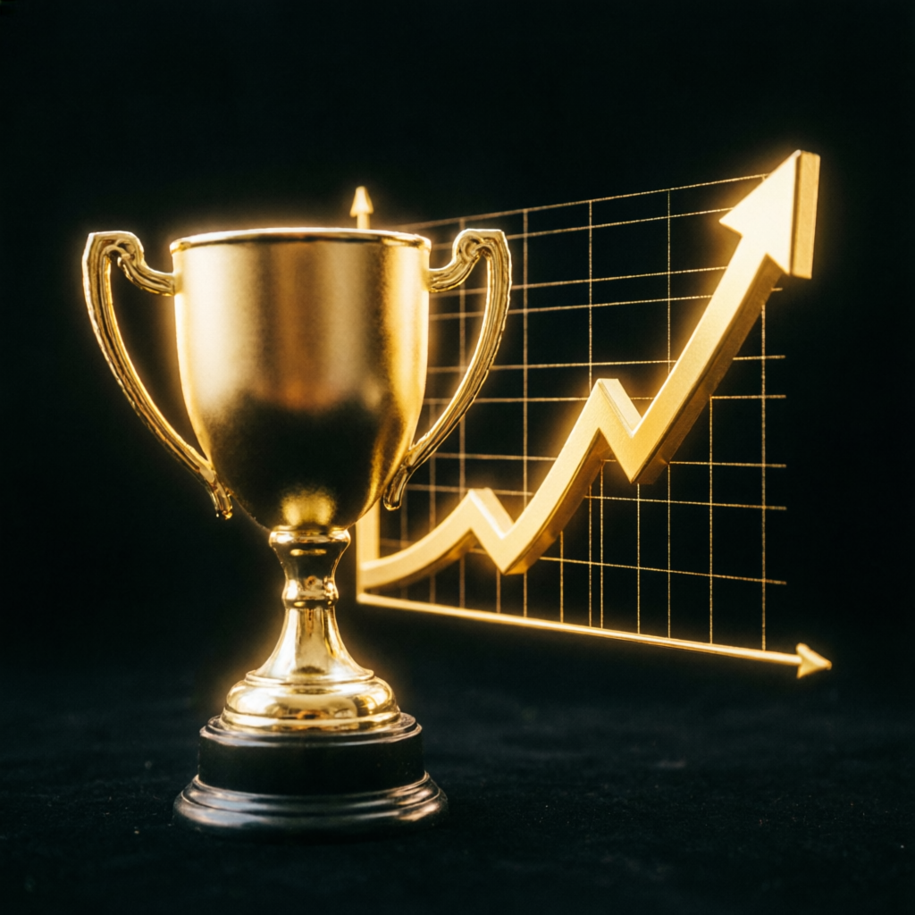 Funded account success trophy with profit chart