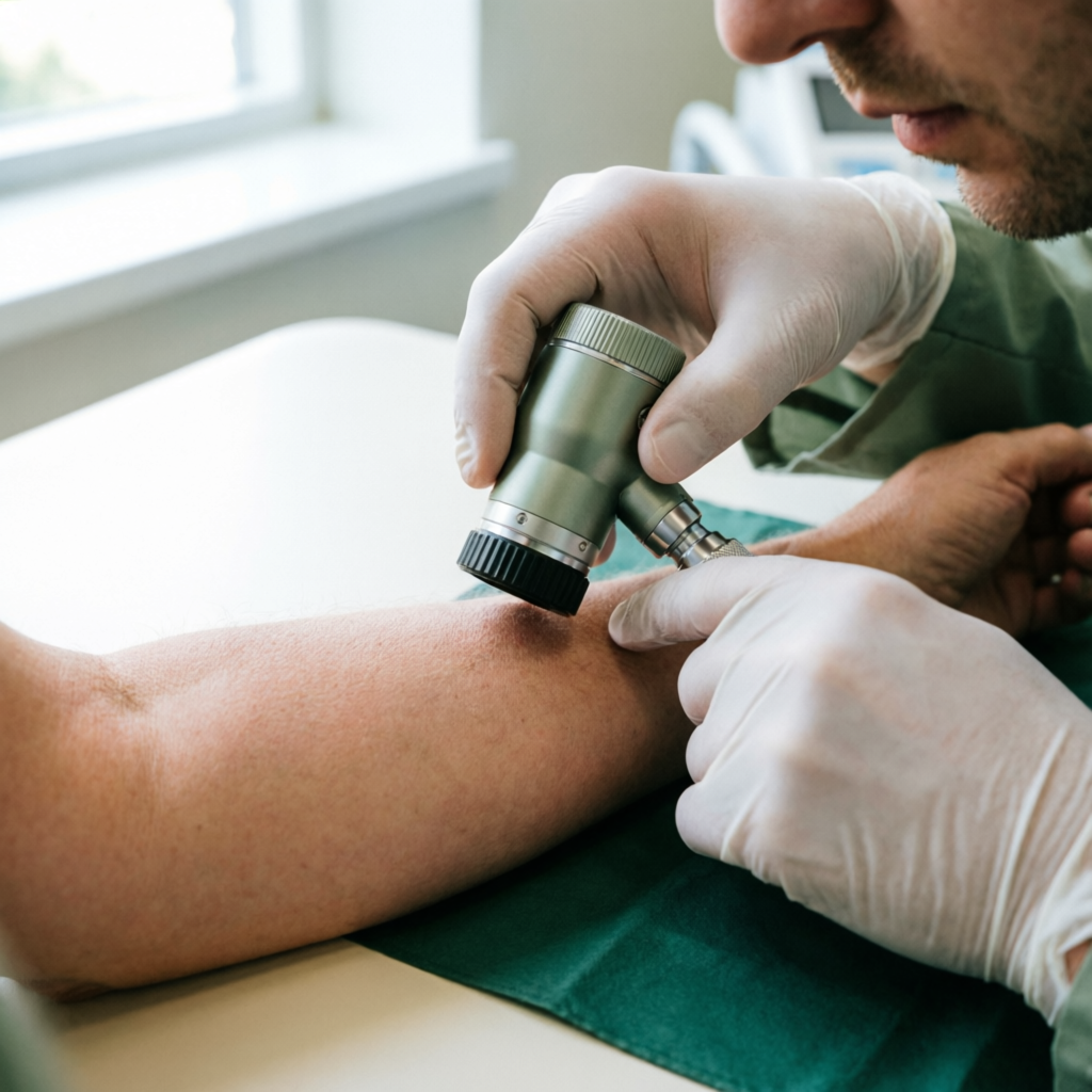 Dermatologist examining skin on a forearm with a dermatoscope