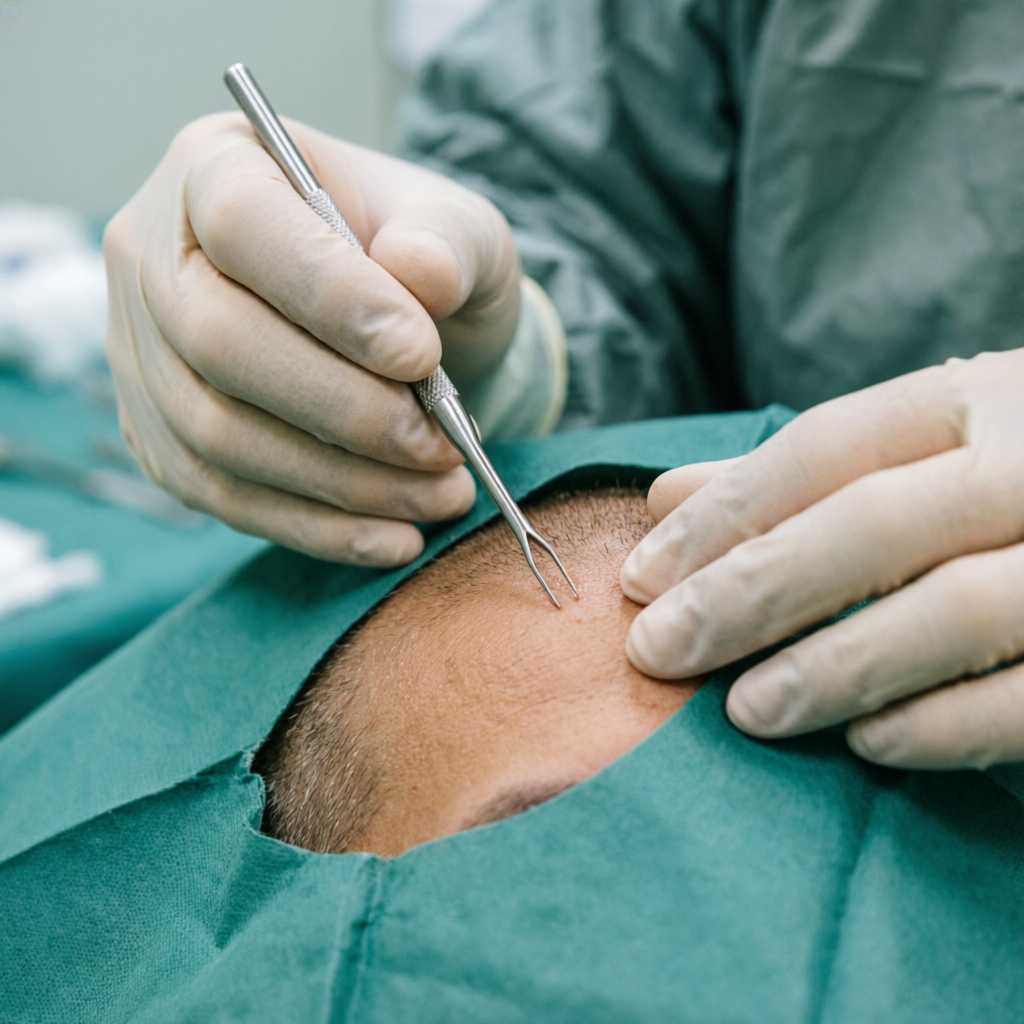 Fine instrument during a follicular unit extraction procedure setup