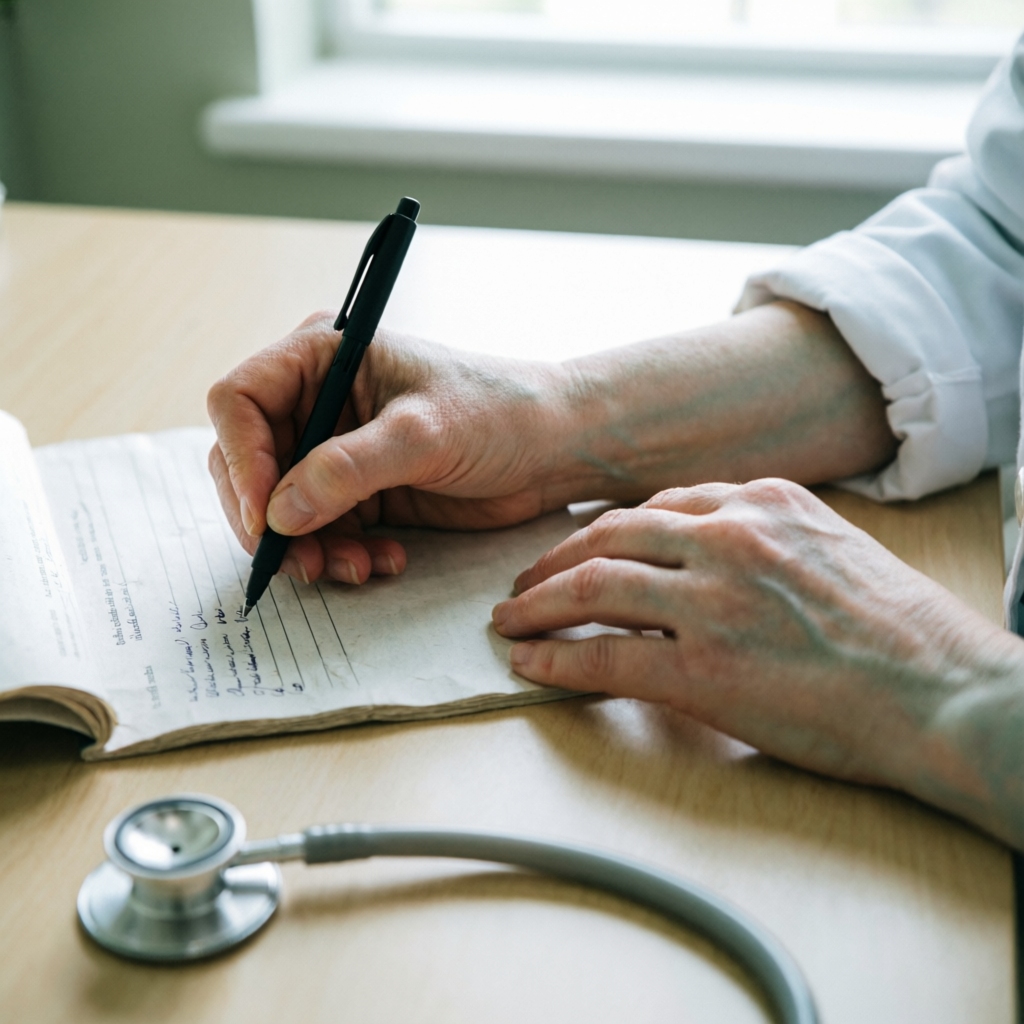 Dermatologist writing clinical notes