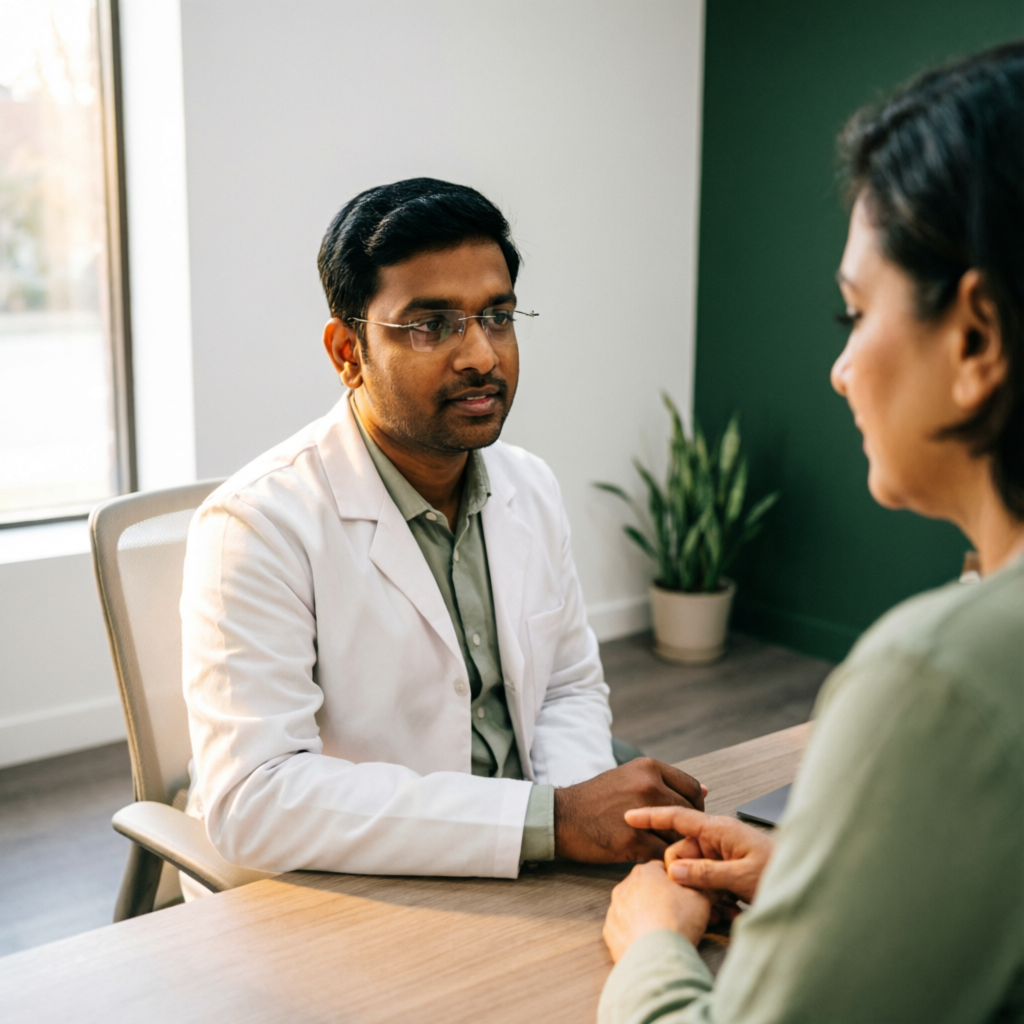 Dermatologist in consultation with a patient at Dr Saly's Skin Solutions, Vadakara