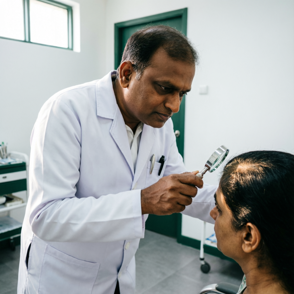 Scalp examination during a hair consultation