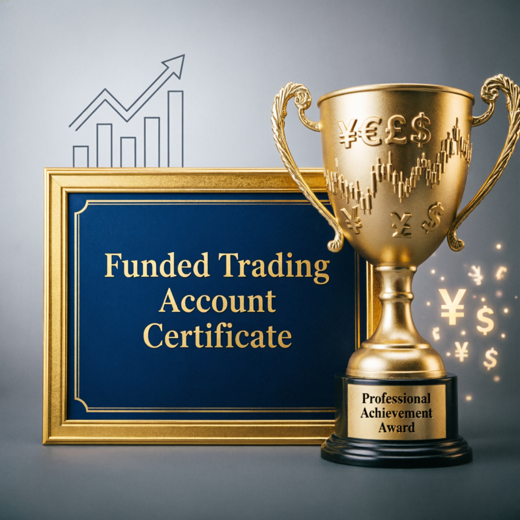 Funded trading account certificate and trophy celebrating successful prop firm challenge completion