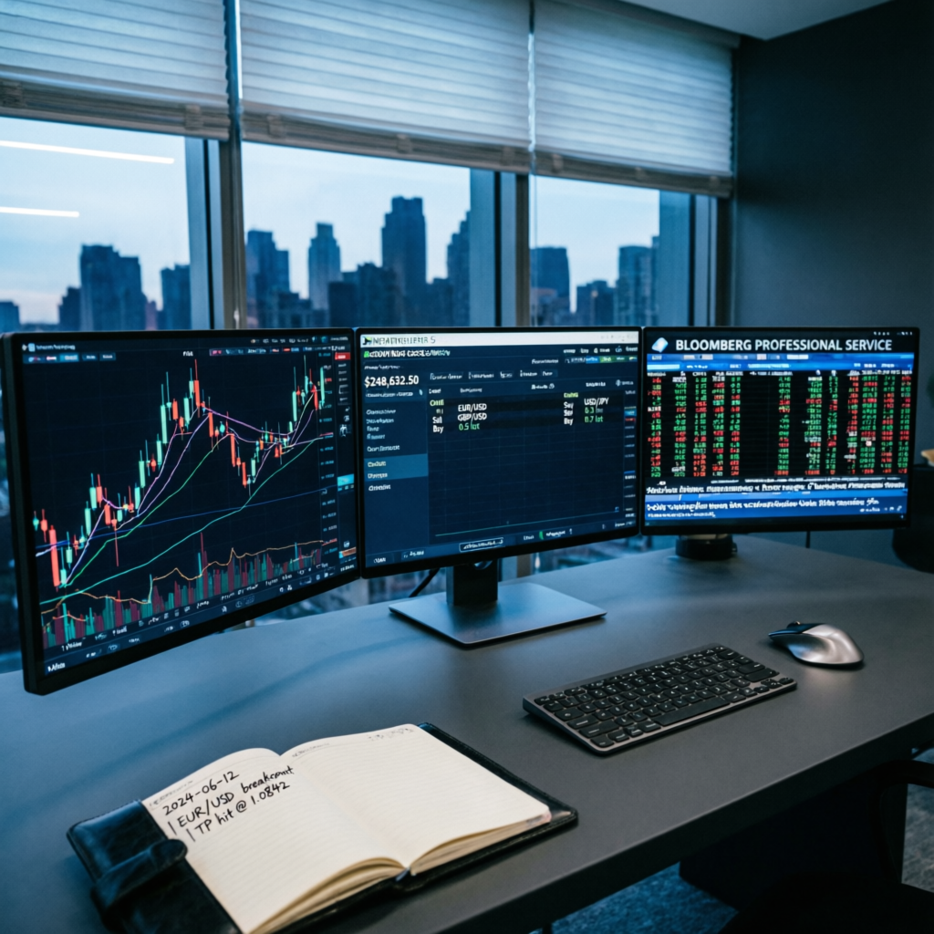 Professional forex trading desk with multiple monitors showing FunderPro challenge progress