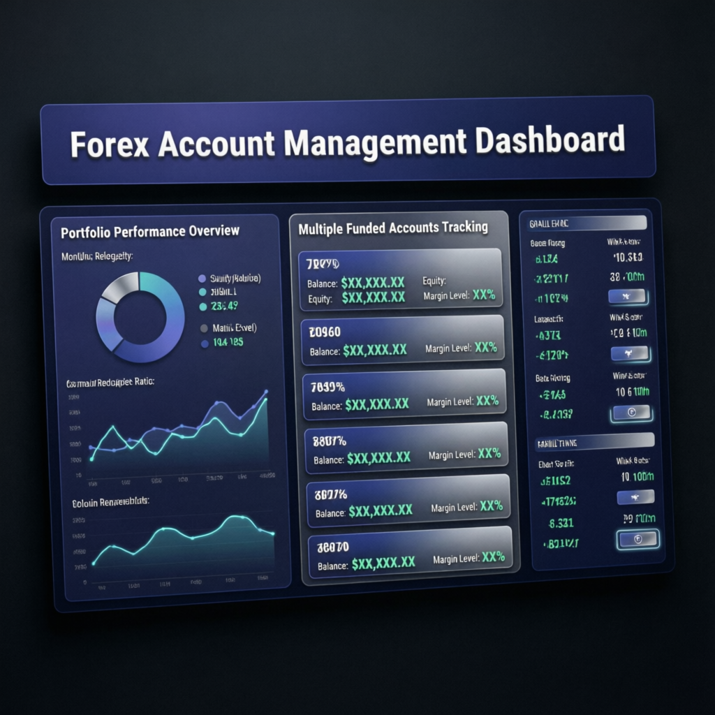 Forex account management dashboard showing multiple funded accounts portfolio performance