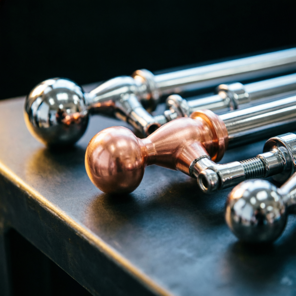 Chrome and rose copper curtain bracket finials manufactured in Rajkot by Finezo Hardware