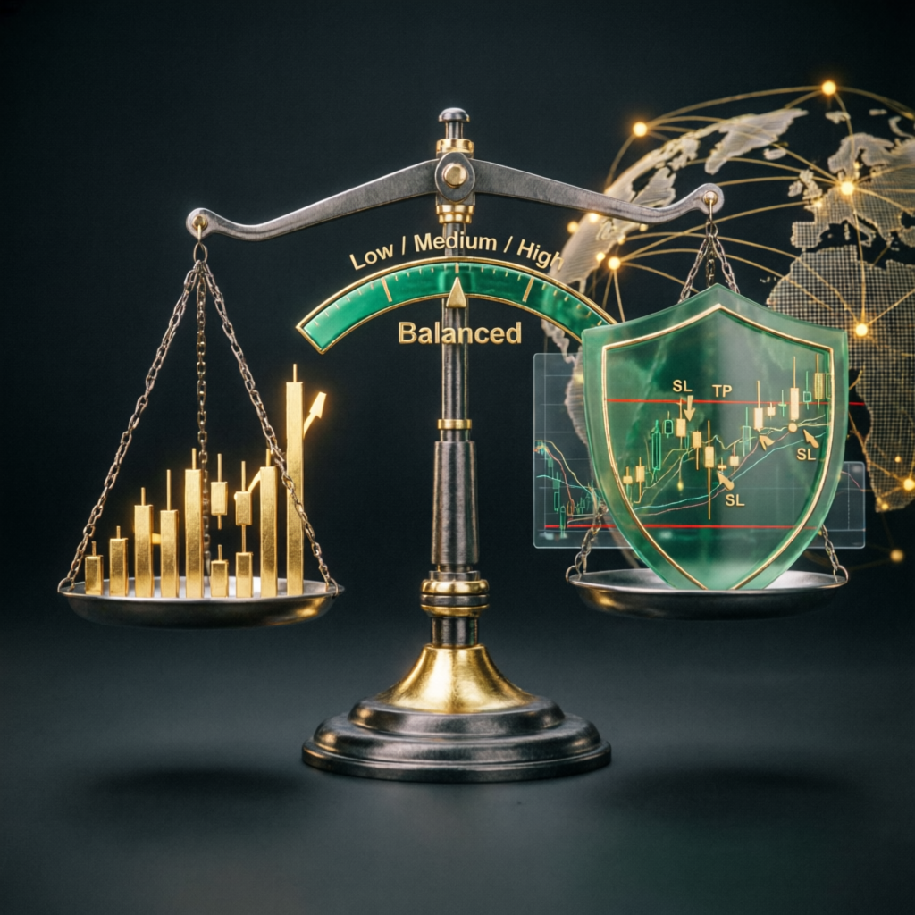 Balance scale representing risk management in forex trading