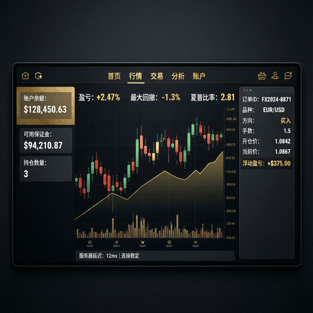 Forex trading account management interface with profit metrics