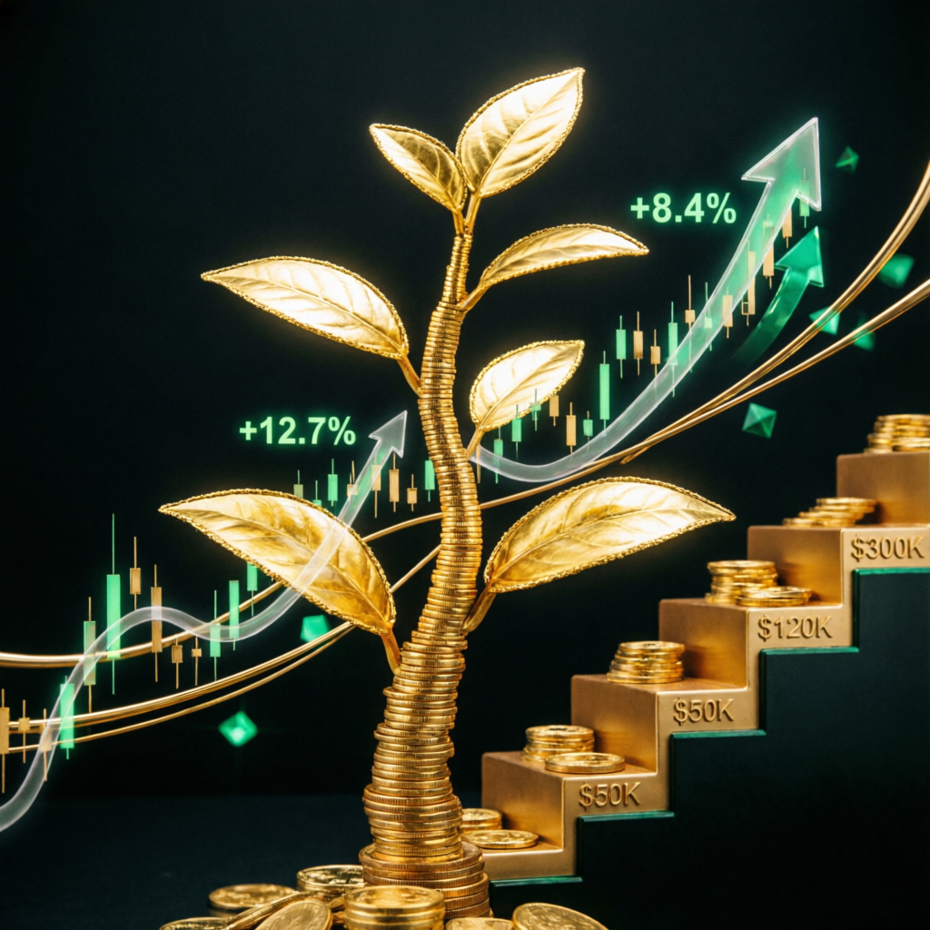 Forex trading profit growth visualization with golden coin tree
