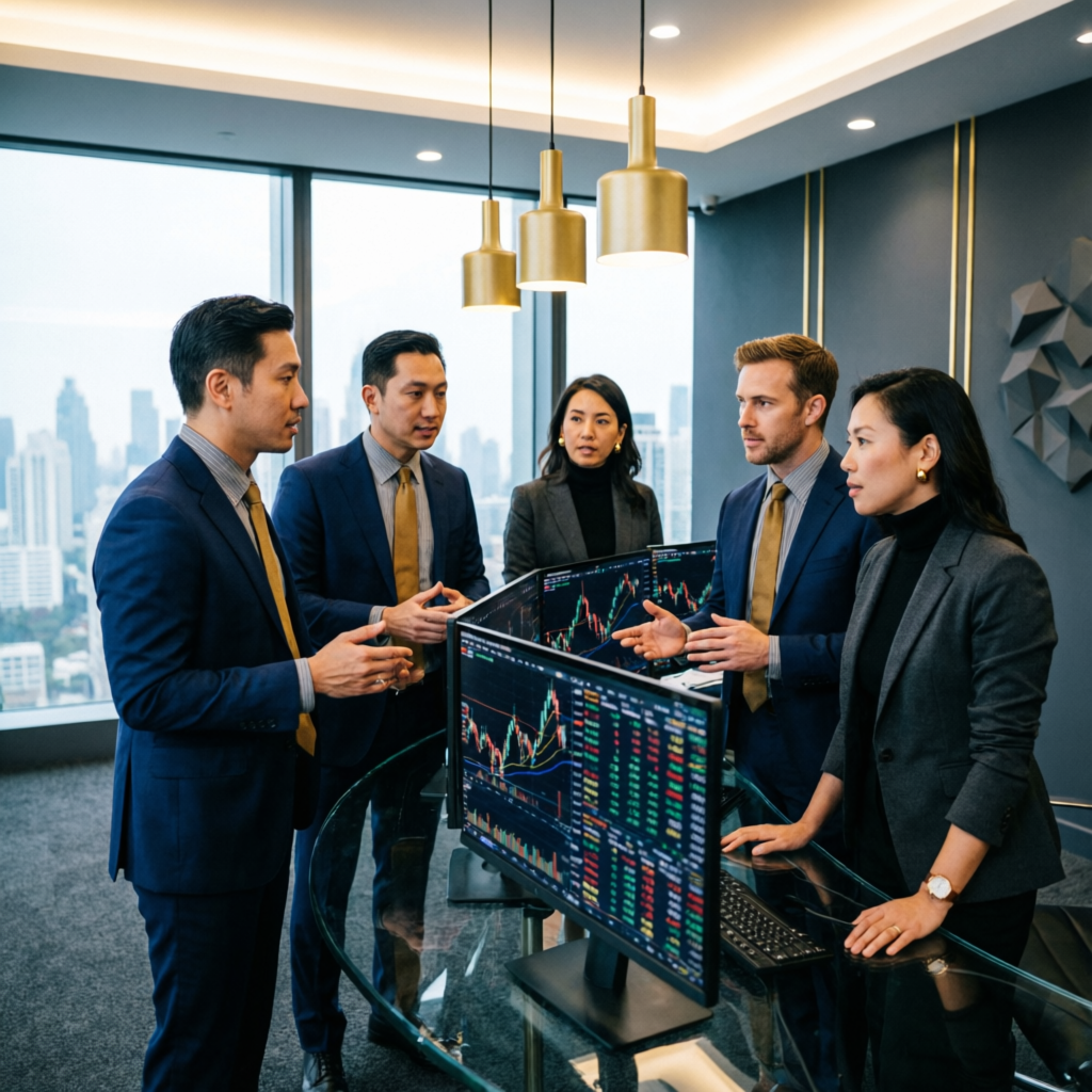 Professional forex trading team collaborating on strategies