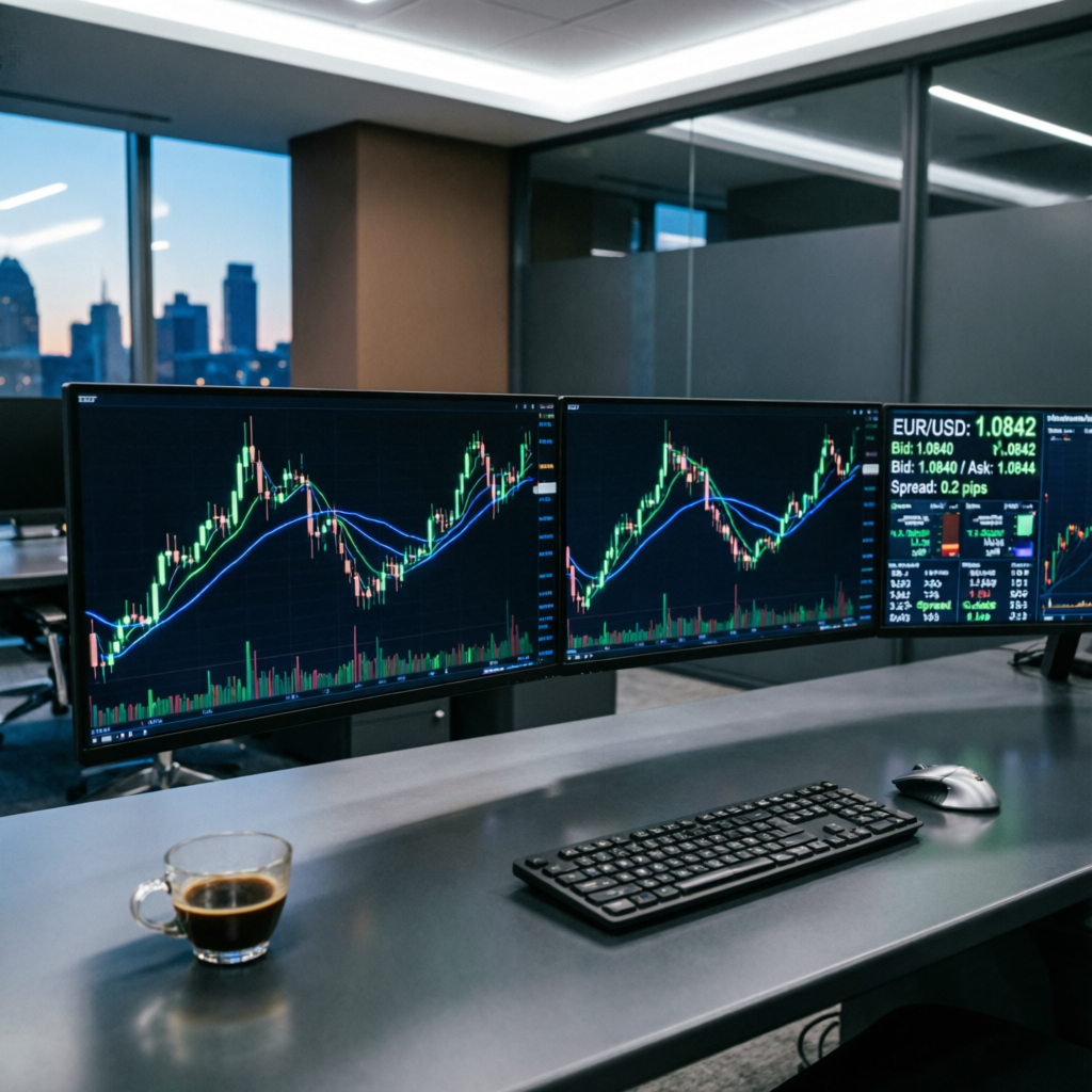 Professional forex trading desk with multiple monitors displaying trading charts