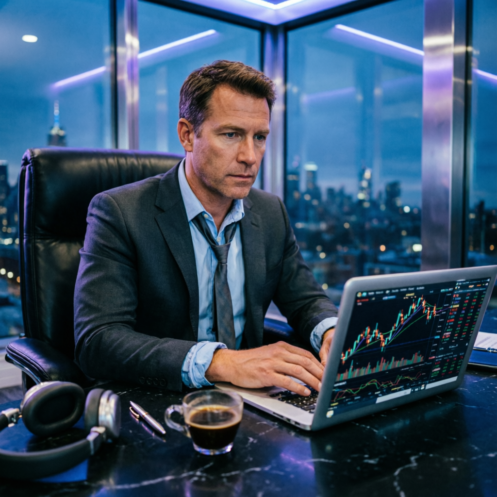 Professional trader working on laptop with Topstep trading charts