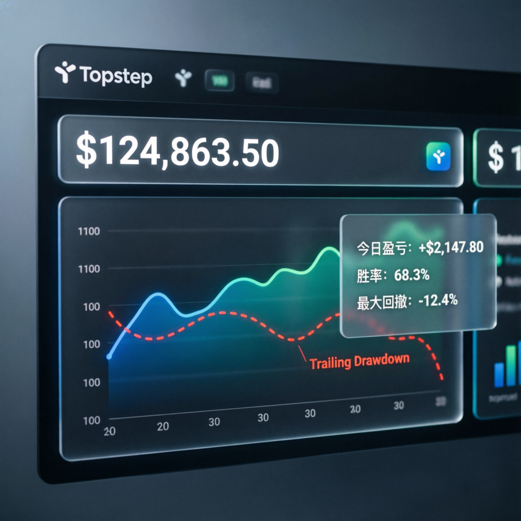 Topstep trading dashboard showing account balance and trailing drawdown visualization