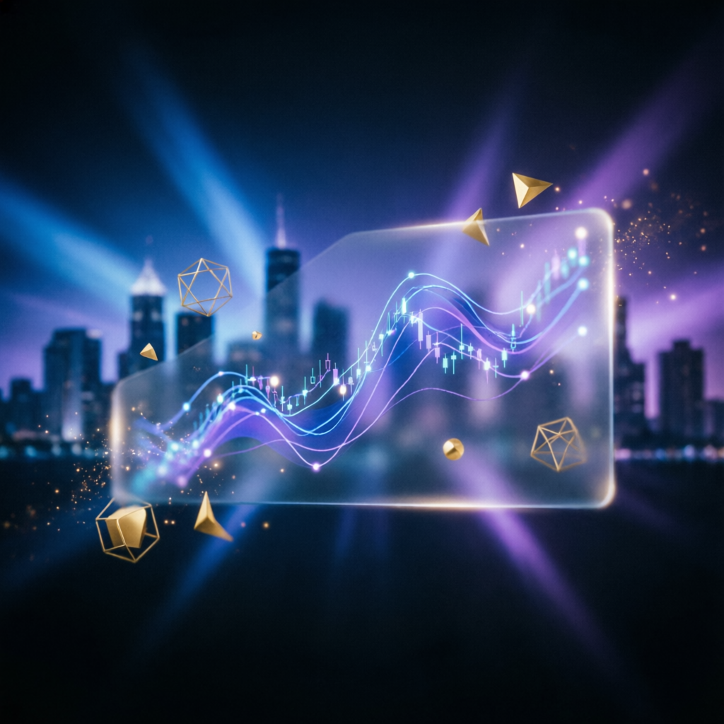 Premium financial authority banner with trading charts and glassmorphism design