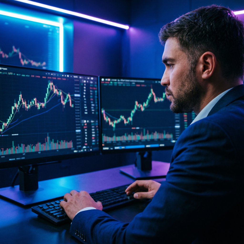 Professional forex trader analyzing financial charts in premium trading setup