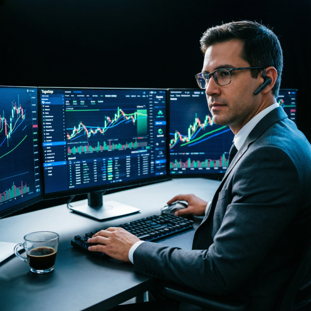 Professional forex trader analyzing Topstep trading dashboard with multiple screens