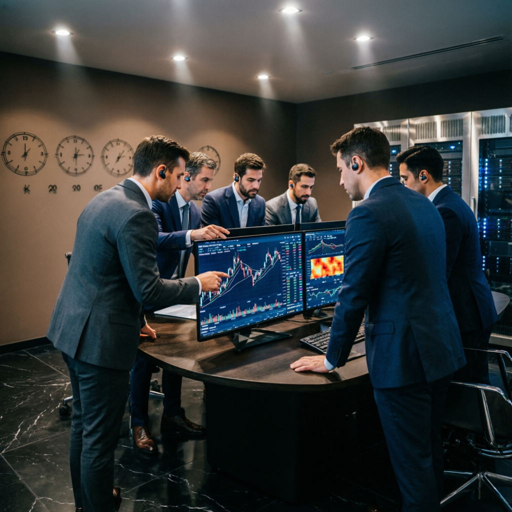 Professional trading team analyzing prop firm options