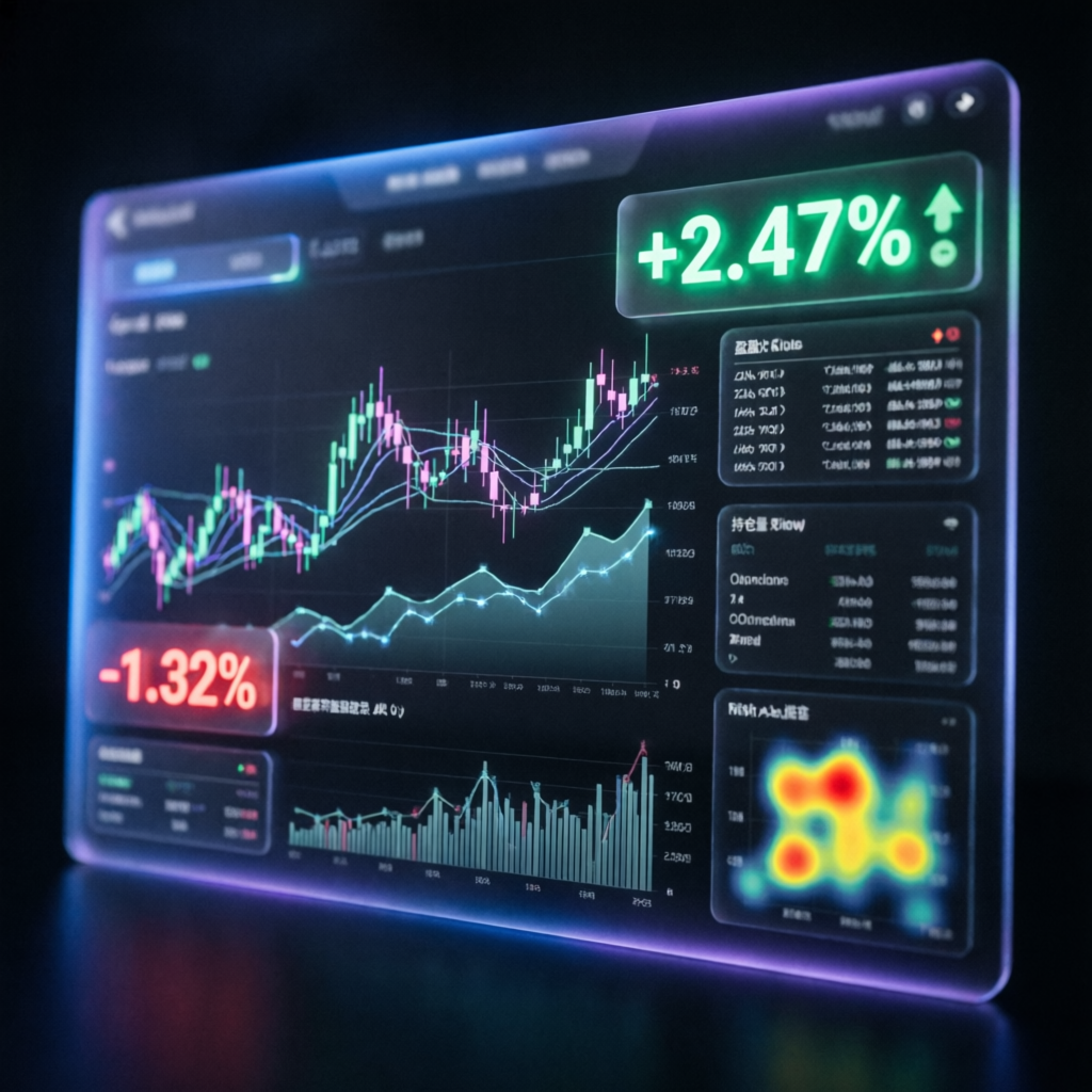 Futuristic trading analytics dashboard with performance metrics