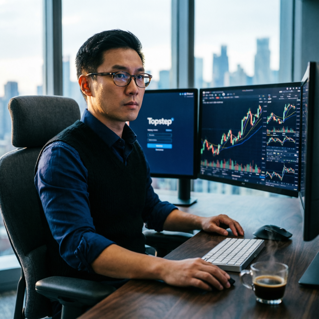 Professional trader working with Topstep platform in modern office