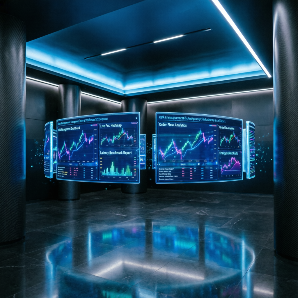 Futuristic trading floor with multiple AI-powered screens showing prop firm challenge progress