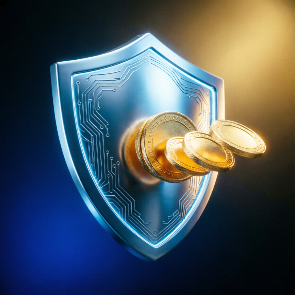 AI-powered risk management shield protecting trading capital with golden coins