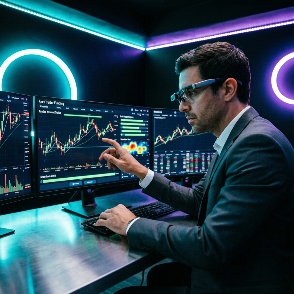 Professional trader analyzing Apex Trader Funding dashboard with multiple screens showing funded account status