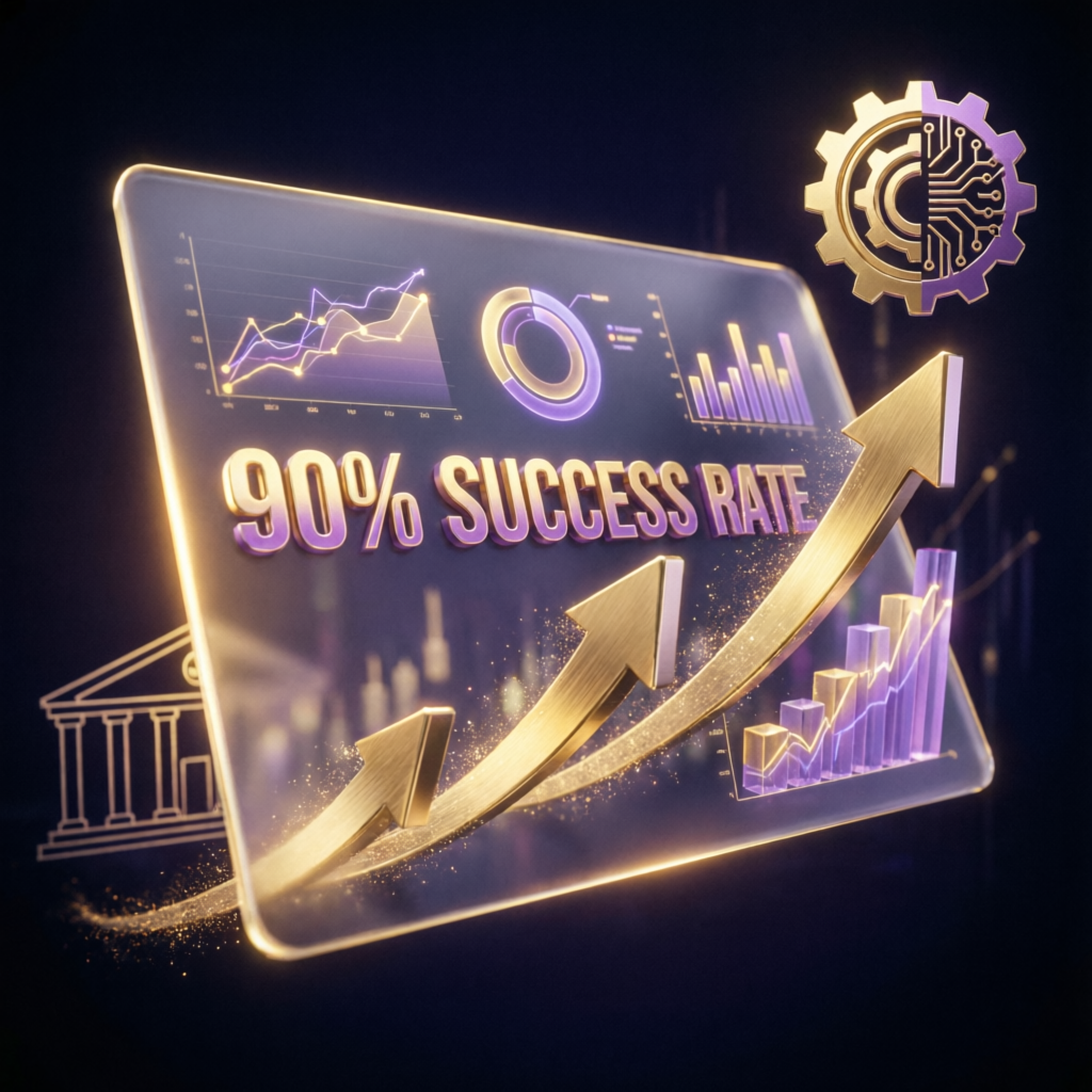 90% success rate visualization with golden profit arrows and AI analytics dashboard
