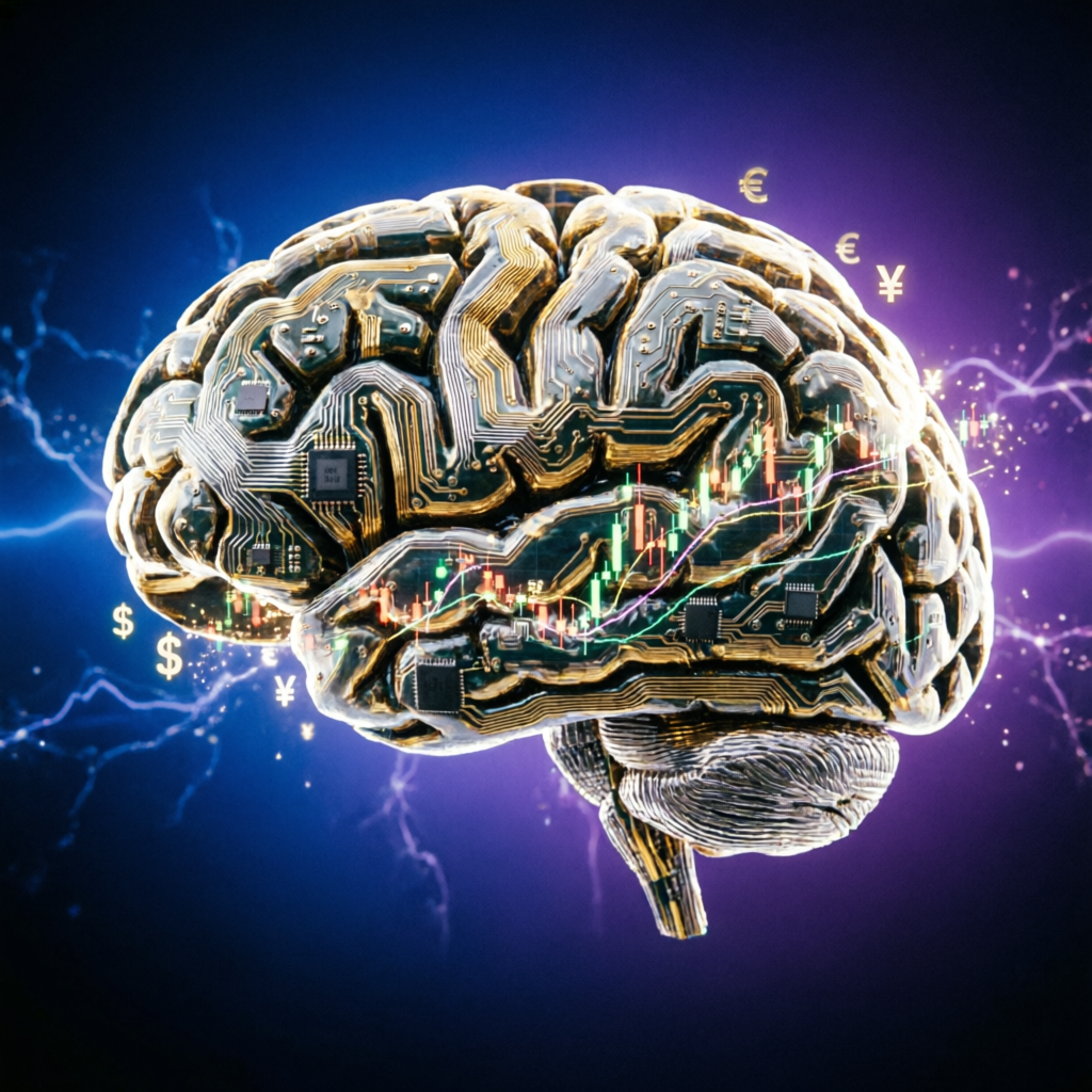 AI brain with circuit board patterns analyzing financial markets for Apex Trader Funding success
