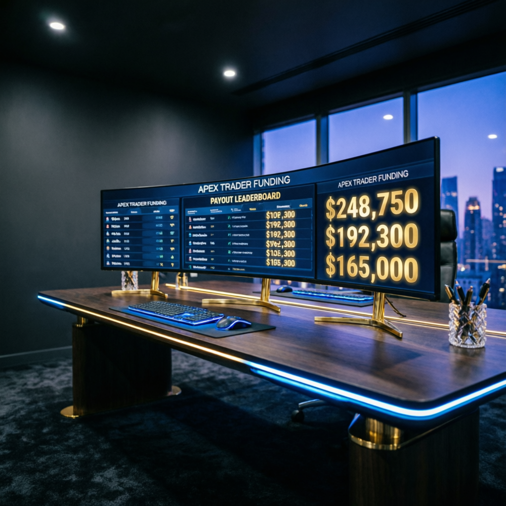 Luxury trading desk with Apex Trader Funding payout leaderboard showing massive profits