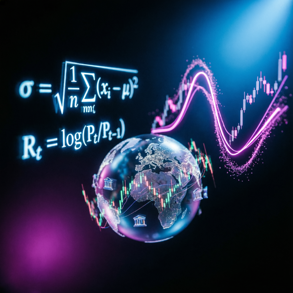 AI-powered trading strategy visualization with mathematical formulas and global market data