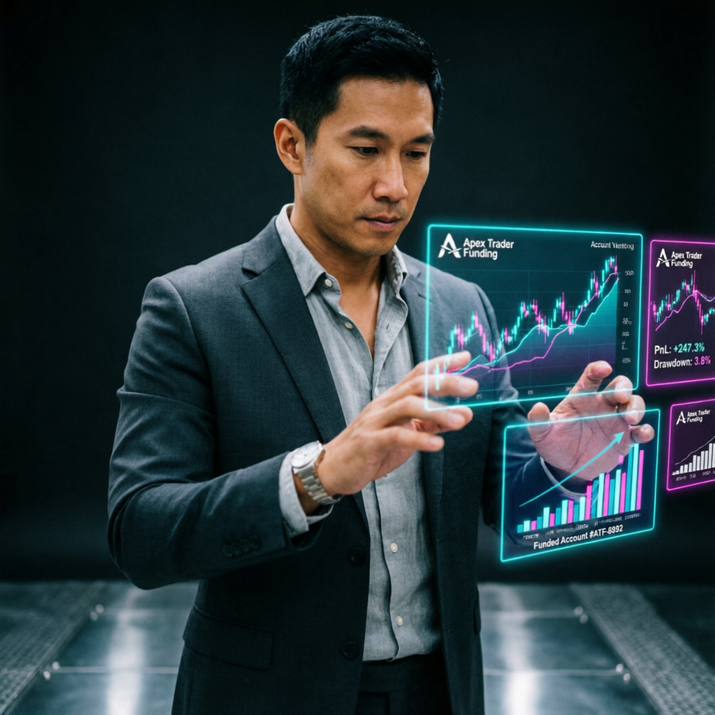 Professional trader reviewing Apex Trader Funding funded account performance with holographic displays