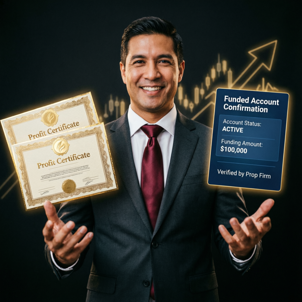Successful Trader with Profit Certificates and Funded Account Confirmation