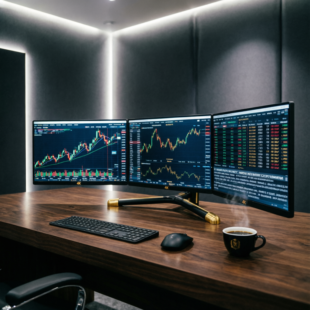 Professional trading desk setup with multiple monitors