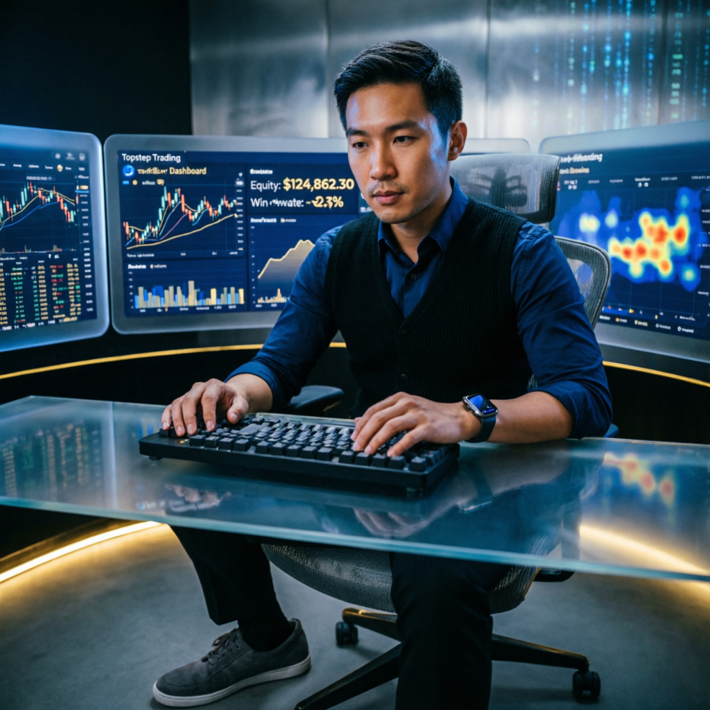 Professional forex trader managing Topstep funded account with multi-monitor trading setup